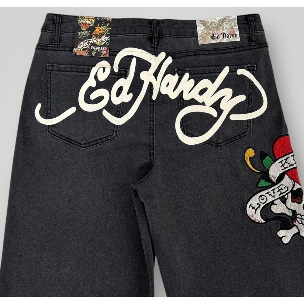 Ed Hardy Wide Leg Jeans Women 34 Faded Black NEW Love Kills Slowly Y2K 90's NWT